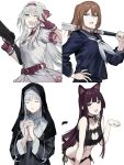  4girls absurdres ak-12_(girls_frontline) alternate_costume an-94 an-94_(girls_frontline) animal_ears assault_rifle bangs bell bell_choker bra brown_hair cat_ears cat_lingerie cat_tail choker closed_eyes duoyuanjun girls_frontline gloves green_eyes gun hair_between_eyes hands_clasped highres holding holding_baseball_bat holding_gun holding_weapon long_hair long_sleeves m1903_springfield_(girls_frontline) meme_attire multiple_girls nun one_eye_closed open_mouth own_hands_together panties puffy_short_sleeves puffy_sleeves purple_hair red_gloves rifle school_uniform short_sleeves simple_background tail teeth underwear violet_eyes wa2000_(girls_frontline) weapon white_background white_hair 