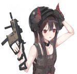  1girl arm_up bangosu bangs bare_arms bare_shoulders black_gloves brown_hair collarbone commentary_request copyright_request curled_horns demon_horns eyebrows_visible_through_hair fingernails gloves gun hair_between_eyes holding holding_gun holding_weapon horns long_hair looking_away mask mask_on_head open_mouth playerunknown&#039;s_battlegrounds red_eyes round_teeth simple_background single_glove solo teeth trigger_discipline upper_body upper_teeth v-shaped_eyebrows very_long_hair virtual_youtuber weapon weapon_request white_background 