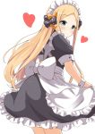  1girl abigail_williams_(fate/grand_order) absurdres aikawa_ryou apron bangs black_bow blonde_hair blue_eyes blush bow commentary_request dress eyebrows_visible_through_hair fate/grand_order fate_(series) from_behind hair_bow heart highres long_hair looking_at_viewer maid maid_apron maid_dress maid_headdress orange_bow parted_bangs polka_dot polka_dot_bow puffy_short_sleeves puffy_sleeves red_heart short_sleeves simple_background solo white_apron white_background white_bow wrist_cuffs 