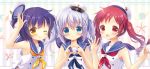  3girls :d ;q aono_ribbon arm_up bangs beret blue_eyes blue_hair blue_neckwear blue_sailor_collar blush brown_eyes chimame-tai closed_mouth commentary_request coral eyebrows_visible_through_hair flag gochuumon_wa_usagi_desu_ka? hair_between_eyes hair_ornament hands_up hat hat_removed headwear_removed heart heart_hands holding holding_flag jouga_maya kafuu_chino long_hair mini_hat multiple_girls natsu_megumi neckerchief one_eye_closed open_mouth peaked_cap red_eyes red_neckwear redhead ringlets sailor_collar school_uniform seashell serafuku shell shirt sleeveless sleeveless_shirt smile starfish striped striped_legwear tongue tongue_out twintails two_side_up upper_body vertical-striped_legwear vertical_stripes white_headwear white_shirt x_hair_ornament yellow_neckwear 