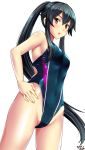  1girl ass_visible_through_thighs bangs bare_shoulders black_hair blush breasts brown_eyes commentary_request competition_swimsuit covered_navel cowboy_shot eyebrows_visible_through_hair hair_between_eyes hair_over_shoulder hand_on_hip highleg highleg_swimsuit highres kantai_collection long_hair looking_at_viewer medium_breasts one-piece_swimsuit open_mouth ponytail sideboob simple_background skindentation solo standing swimsuit thighs tsuchimiya very_long_hair white_background yahagi_(kantai_collection) 