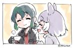  2girls :d ^_^ animal_ears artist_name black_gloves black_jacket closed_eyes closed_eyes commentary_request cup dog_(kemono_friends) dog_ears eyebrows_visible_through_hair facing_another gloves green_hair grey_hair holding holding_cup jacket kaban_(kemono_friends) kemono_friends long_hair medium_hair multiple_girls open_mouth panzuban red_shirt shirt sketch smile twitter_username 