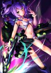  1girl absurdres animal_ears animal_hood azur_lane bangs bare_arms bare_legs bear_ears black_ribbon blue_footwear boots bracelet breasts cleavage closed_mouth collarbone commentary_request fake_animal_ears feet_out_of_frame garter_straps glowing glowing_eye green_eyes hair_ornament hair_over_one_eye hair_ribbon hand_up highres holding holding_spear holding_weapon hood hood_down javelin_(azur_lane) jewelry light long_hair looking_at_viewer machinery medium_breasts midriff navel polearm ponytail purple_hair revealing_clothes revision ribbon science_fiction shimo_(shimo332215) smile smoke solo spear stomach thighs turret w weapon x_hair_ornament 