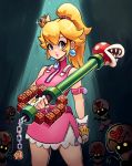  1girl belt blonde_hair blue_earrings blue_eyes breasts cowboy_shot dress earrings fingerless_gloves gloves goomba high_ponytail highres holding jewelry kingdom_hearts long_hair super_mario_bros. nintendo parody pink_belt pink_dress pipe piranha_plant ponytail princess_peach ravenousruss sleeveless sparkle spotlight super_mario_bros. toad white_gloves zipper zipper_pull_tab 