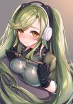  1girl bangs black_gloves blush bobo_(6630978) breast_press breasts brown_background brown_eyes commentary_request girls_frontline gloves gradient gradient_background green_hair green_jacket grey_background headphones holding jacket long_hair looking_at_viewer magal_(girls_frontline) medium_breasts short_sleeves solo twintails very_long_hair 