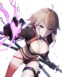  1girl absurdres asymmetrical_legwear bangs belt belt_buckle bikini black_belt black_bikini black_gloves black_jacket breasts brown_eyes buckle cleavage commentary_request eyebrows_visible_through_hair fate/grand_order fate_(series) ginopi gloves hair_bobbles hair_ornament highres jacket jeanne_d&#039;arc_(alter_swimsuit_berserker) jeanne_d&#039;arc_(fate)_(all) katana leg_belt light_brown_hair long_sleeves looking_at_viewer medium_breasts navel o-ring o-ring_bikini o-ring_bottom o-ring_top parted_lips red_legwear revision sheath sheathed shrug_(clothing) single_thighhigh smile solo swimsuit sword thigh-highs weapon white_background 