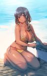  1girl beach_towel bikini blue_eyes blue_hair bow_(bhp) breasts can cleavage closed_mouth commentary_request cooler dark_skin hair_between_eyes holding holding_can kneeling large_breasts long_hair navel ocean original outdoors solo swimsuit tan towel wristband 