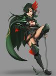  1girl amanda_(tensei_shitara_ken_deshita) bangs black_hair boots breasts cape cleavage dark_skin eyes_visible_through_hair hair_between_eyes hair_over_one_eye highres long_hair looking_at_viewer pointy_ears red_eyes rokuba solo tensei_shitara_ken_deshita thigh-highs thigh_boots whip 