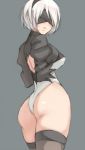  1girl ass black_blindfold black_hairband black_legwear blindfold breasts commentary_request gloves hairband highleg highleg_leotard leotard medium_breasts mokkosu. mole mole_under_mouth nier_(series) nier_automata open_mouth puffy_sleeves short_hair silver_hair simple_background solo standing thigh-highs white_hair white_leotard yorha_no._2_type_b 