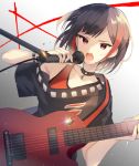  1girl bang_dream! bangs bare_shoulders black_hair black_jacket bob_cut collar collarbone commentary_request electric_guitar guitar holding holding_microphone instrument jacket lock looking_at_viewer microphone mitake_ran multicolored_hair off_shoulder open_mouth pink_eyes redhead short_hair short_sleeves solo streaked_hair v-shaped_eyebrows wristband yuhi_(hssh_6) 