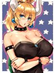  black_dress blonde_hair blue_eyes bowsette super_mario_bros. nintendo ponytail tagme tied_hair 