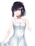  1girl bangs bare_arms bare_shoulders black_hair closed_mouth collarbone commentary_request dress eyebrows_visible_through_hair flat_chest flower hair_between_eyes hair_flower hair_ornament hair_ribbon hand_up head_tilt looking_at_viewer original pink_ribbon purple_flower ribbon shiny shiny_hair short_hair sidelocks simple_background skirt_hold sleeveless sleeveless_dress smile solo standing violet_eyes waka_(shark_waka) white_background white_dress 