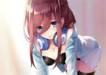  1girl all_fours bare_shoulders black_bra black_legwear black_panties blue_eyes blue_shirt bra breasts brown_hair cleavage commentary_request eyebrows_visible_through_hair go-toubun_no_hanayome hair_between_eyes headphones headphones_around_neck lace lace-trimmed_bra long_hair looking_at_viewer medium_breasts nakano_miku off_shoulder open_clothes open_shirt panties rin2008 see-through shirt sidelocks solo thigh-highs underwear 