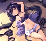  1girl animal_ear_fluff animal_ears arm_up bangs bare_shoulders beach bikini bikini_under_clothes black_hair blush bow breasts cat_ears cat_girl cat_tail cleavage collarbone commentary_request dutch_angle eyebrows_visible_through_hair eyewear_on_head green_eyes groin hair_between_eyes hair_bow highres hinata_yuu_(atelierhinata) jacket kyaru_(princess_connect) long_hair looking_at_viewer low_twintails lying medium_breasts multicolored_hair navel off_shoulder on_back on_ground open_clothes open_fly open_jacket open_shorts parted_lips princess_connect! princess_connect!_re:dive purple_bikini purple_jacket red_bow sand short_shorts shorts skindentation solo streaked_hair sunglasses swimsuit tail thigh_strap twintails very_long_hair white_hair white_shorts 