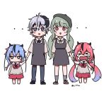  &gt;_&lt; 4girls androgynous beret blush_stickers child cillia crying dress flower_(vocaloid) full_body gradient_hair green_hair hand_holding hat meika_hime meika_mikoto multicolored_hair multiple_girls pink_eyes pink_hair purple_hair short_hair shorts skirt smile streaked_hair sweatdrop twintails twitter_username v_flower_(vocaloid4) violet_eyes vocaloid xin_hua younger 