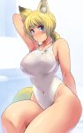  1girl absurdres animal_ear_fluff animal_ears arm_up blonde_hair blue_eyes blush breasts commentary_request covered_navel fox_ears highleg highleg_swimsuit highres large_breasts looking_at_viewer minakami_(flyingman555) one-piece_swimsuit original ponytail sitting solo sweat swimsuit thighs white_swimsuit 