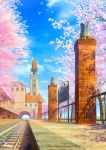  animal arch bell bench blue_sky building cat cherry_blossoms clouds commentary_request day kaitan no_humans original outdoors petals railing railroad_tracks scenery sign signature sky tower tree 