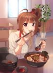  1girl ahoge bowl bra_strap brown_hair chair chopsticks closed_mouth collarbone day drill_hair eating eyebrows_visible_through_hair food holding holding_chopsticks holding_ladle idolmaster idolmaster_million_live! indoors kamille_(vcx68) ladle looking_at_viewer noodles ramen scrunchie short_hair side_drill sitting solo soup sweater table violet_eyes window yokoyama_nao 