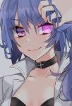  1girl aogisa bangs bikini black_bikini black_bikini_top blue_hair breasts collarbone commentary_request eyebrows_visible_through_hair eyes_visible_through_hair girls_frontline glowing glowing_eye grey_background hair_between_eyes hand_in_hair highres k11_(girls_frontline) leather_choker long_hair looking_at_viewer messy_hair open_clothes portrait shirt side_ponytail simple_background smile solo swimsuit violet_eyes white_shirt 