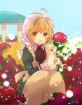  1girl :d antenna_hair apron artist_name black_neckwear blonde_hair blue_sky card_captor_sakura eyebrows_visible_through_hair flower green_eyes green_shirt green_skirt highres holding holding_flower kinomoto_sakura long_sleeves looking_at_viewer open_mouth outdoors red_flower red_rose rose sakuramoti0511 shirt short_hair sitting skirt sky smile solo yellow_apron 