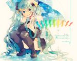  1girl 2017 anniversary black_legwear black_skirt blue_eyes blue_hair blue_nails blue_sky character_name clouds cloudy_sky colorful dappled_sunlight dated day detached_sleeves edward-el eyebrows_visible_through_hair fingernails grey_shirt happy hatsune_miku head_tilt headphones hexagon highres kneeling long_hair looking_at_viewer nail_polish number_tattoo rainbow see-through shirt shoulder_tattoo signature simple_background skirt sky sleeveless sleeveless_shirt smile solo standing standing_on_liquid sunlight tattoo thigh-highs thighs twintails umbrella very_long_hair vocaloid water water_drop white_background 