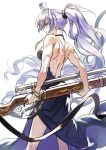  1girl ahoge ass back backless_dress backless_outfit belt breasts cleavage dress formal granblue_fantasy gun hair_between_eyes highres large_breasts long_hair looking_at_viewer mansu muscular_female ponytail silva_(granblue_fantasy) silver_hair solo very_long_hair weapon white_background yellow_eyes 