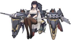  1girl azuma_(azur_lane) azur_lane bangs black_gloves black_hair black_legwear bra bra_through_clothes breasts cannon closed_mouth dress full_body gloves hair_between_eyes hair_ornament hairclip kishiyo lace lace-trimmed_bra lace_trim large_breasts long_hair long_sleeves looking_at_viewer machinery official_art pantyhose rigging see-through sitting skirt smile solo transparent_background turret underwear yellow_eyes 