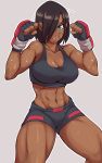  1girl abs black_hair blue_eyes breasts cleavage clenched_hands dark_skin dirty dirty_face fighting_stance fingerless_gloves gloves highres large_breasts looking_at_viewer medium_hair midriff mma_gloves muscle nisego open_mouth original short_hair shorts solo sweat tan tank_top toned 