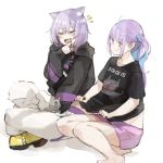  2girls :d ahoge animal_ear_fluff animal_ears bangs barefoot black_eyes black_hoodie black_shirt blue_hair blush cat cat_ears cat_girl cat_tail closed_eyes clothes_writing collarbone colored_inner_hair commentary_request eyebrows_visible_through_hair finger_to_chin grey_fur hair_between_eyes hair_bobbles hair_ornament highres hololive hood hood_down hoodie kase_(kurimuzone_oruta) laughing long_sleeves looking_at_another midriff minato_aqua multicolored_hair multiple_girls neko_(minato_aqua) nekomata_okayu notice_lines on_floor open_mouth pants purple_hair purple_shorts shirt shirt_lift shoes short_hair short_shorts short_sleeves shorts simple_background sitting smile smug t-shirt tail tearing_up temari_(nekomata_okayu) twintails two-tone_hair violet_eyes virtual_youtuber whiskers white_background yellow_footwear yokozuwari 