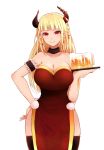  1girl alcohol arano_oki beer blonde_hair breasts china_dress chinese_clothes copyright_request dress earrings highres horns jewelry large_breasts pointy_ears solo thigh-highs tray 