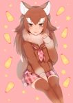  1girl :p ancolatte_(onikuanco) animal_ears between_legs blush brown_eyes brown_hair brown_legwear commentary_request fang fur_collar hand_between_legs highres japanese_wolf_(kemono_friends) kemono_friends long_hair long_sleeves multicolored_hair neckerchief plaid plaid_neckwear plaid_skirt pleated_skirt sailor_collar sitting skirt solo sweater tail thigh-highs tongue tongue_out white_hair wolf_ears wolf_tail zettai_ryouiki 