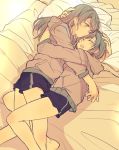  2girls aqua_hair bang_dream! bangs bare_legs barefoot bed blush brown_sweater closed_eyes eyebrows_visible_through_hair hand_on_another&#039;s_head hikawa_hina hikawa_sayo hood hood_down hooded_sweater hug long_hair lying mikan-uji multiple_girls pillow short_hair sleeping sweater yellow_eyes 