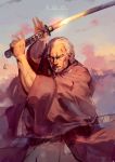  1boy aguy beard copyright_name facial_hair fate/grand_order fate_(series) fighting_stance grey_hair haori holding holding_sword holding_weapon japanese_clothes katana male_focus old_man sword weapon wide_sleeves yagyuu_munenori_(fate/grand_order) 