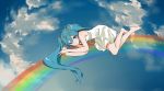  1girl bare_arms bare_legs bare_shoulders barefoot blue_eyes blue_hair blue_sky clouds cloudy_sky day dress expressionless eyebrows_visible_through_hair flower hatsune_miku head_wreath highres leaf long_hair looking_at_viewer lying orange_ribbon parted_lips rainbow red_flower ribbon run_(sweettimehappy) short_dress sky sleeveless sleeveless_dress solo twintails very_long_hair vocaloid white_dress 
