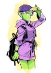  1girl :o adjusting_clothes adjusting_hat alternate_costume arm_at_side backpack bag baseball_cap beige_background black_backpack breasts cheelai chuya_hukuaka commentary_request cowboy_shot dragon_ball dragon_ball_super_broly eyebrows_visible_through_hair fingernails gradient gradient_background green_skin hat highres hood hood_down hooded_jacket jacket looking_away medium_breasts purple_jacket short_hair simple_background solo thighs upper_body violet_eyes watch watch white_background white_hair 