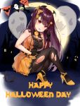  1girl absurdres bare_shoulders bat black_gloves black_hair black_wings blush bow breasts commentary dress eyebrows_visible_through_hair ghost girls_frontline gloves hair_bow halloween happy_halloween head_wings highres kian large_breasts long_hair looking_at_viewer moon multicolored multicolored_clothes multicolored_dress orange_footwear pantyhose pumpkin pumps red_eyes sitting sleeveless sleeveless_dress solo striped striped_bow torn_clothes torn_legwear wa2000_(girls_frontline) wings 