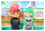  1boy 1girl :d aqua_hair arms_behind_back black_shirt blue_eyes blue_sky buttons closed_mouth clouds collared_shirt day domino_mask grey_shirt inkling kirikuchi_riku long_hair long_sleeves mask mohawk octarian octoling open_mouth outdoors pink_hair pointy_ears red_eyes shirt short_hair single_vertical_stripe sky smile splatoon_(series) suction_cups tentacle_hair water 