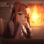  1girl artist_name brown_hair classroom commentary curtains doki_doki_literature_club english_commentary eyebrows_visible_through_hair green_eyes grey_jacket hair_ribbon hands_together indoors interlocked_fingers jacket light_smile long_hair long_sleeves looking_at_viewer monika_(doki_doki_literature_club) ponytail ribbon sasoura school_uniform sidelocks smile solo sunset upper_body white_ribbon window 
