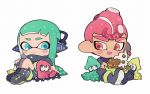  1boy 1girl :d agent_8 aqua_hair bike_shorts black_cape black_footwear blue_eyes boots cape chibi closed_mouth full_body headgear inkling kirikuchi_riku long_hair mohawk no_nose octarian octoling octopus open_mouth pink_hair red_eyes shoes short_hair simple_background single_vertical_stripe sitting smile splatoon splatoon_(series) splatoon_2 splatoon_2:_octo_expansion squid squidbeak_splatoon suction_cups torn_cape torn_clothes vest white_background 