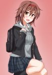  &gt;:d 1girl alternate_costume anti_(untea9) black_backpack black_jacket black_legwear blazer blush breasts brown_eyes brown_hair collared_shirt eyebrows_visible_through_hair grey_jacket hairband highres hood hooded_jacket jacket kantai_collection looking_at_viewer medium_breasts pink_background plaid plaid_skirt red_hairband shiratsuyu_(kantai_collection) shirt short_hair simple_background skirt solo white_shirt 