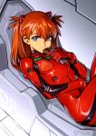  1girl blue_eyes bodysuit breasts candy_bar cockpit commentary eating english_commentary hair_between_eyes looking_at_viewer multicolored multicolored_bodysuit multicolored_clothes neon_genesis_evangelion orange_hair pilot_suit plugsuit red_bodysuit shiny shiny_clothes small_breasts souryuu_asuka_langley typo_(requiemdusk) 