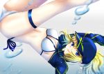  1girl artoria_pendragon_(all) baseball_cap bikini blonde_hair blue_eyes blue_headwear blue_ribbon breasts chi_wa cleavage fate/grand_order fate_(series) floating_hair grey_background hair_between_eyes hat legs_up long_hair long_sleeves looking_at_viewer medium_breasts mysterious_heroine_xx_(foreigner) ponytail ribbon shrug_(clothing) side-tie_bikini sideboob smile solo swimsuit thigh_strap underwater white_bikini 