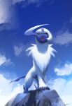  absol claws closed_eyes clouds day fangs from_below highres likey no_humans open_mouth outdoors pokemon pokemon_(creature) sky solo standing white_fur 