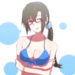  1girl blue_bikini_top blue_eyes blue_hairband blue_scrunchie bracelet breasts brown_hair cleavage crossed_arms eyebrows_visible_through_hair glasses hair_between_eyes hair_ornament hair_scrunchie hairband head_tilt highres jewelry konbari_tariumu long_hair looking_at_viewer makinami_mari_illustrious medium_breasts neon_genesis_evangelion ponytail red-framed_eyewear school_uniform scrunchie semi-rimless_eyewear shiny shiny_clothes shiny_skin sideboob smile solo under-rim_eyewear upper_body white_background 