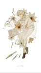  1boy book broken broken_plate brown_footwear flower full_body highres looking_at_viewer norman_(yakusoku_no_neverland) number orange_flower pants pen plate profile red_flower shirt short_hair solo sweater white_background white_flower white_hair white_pants white_shirt white_sweater yakusoku_no_neverland zero_(jckz2334) 