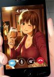  1girl alcohol bangs bar beer beer_tap blush breasts brown_hair cellphone cleavage cup domestic_na_kanojo fingers food green_eyes holding holding_cup large_breasts licking_lips long_hair looking_at_phone looking_at_viewer one_eye_closed phone phone_screen plate ribbed_sweater sasuga_kei sitting smartphone smile sweater tachibana_hina tongue tongue_out 