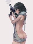  1girl ass back backless_outfit black_hair breasts butt_crack dark_skin green_eyes gun handgun highres holding holding_gun holding_weapon long_hair looking_at_viewer meme_attire mik_yanase original sideboob simple_background solo virgin_killer_sweater weapon white_background 