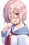 1girl blush commentary_request eyebrows_visible_through_hair eyes_visible_through_hair fate/grand_order fate_(series) glasses hair_over_one_eye haru_(hiyori-kohal) long_sleeves looking_at_viewer mash_kyrielight open_mouth pink_hair sailor_collar school_uniform shirt short_hair simple_background solo violet_eyes white_background white_shirt 
