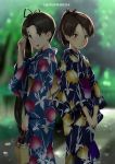  2girls :d artist_name bag bangs black_hair black_kimono black_ribbon blue_eyes blue_kimono blurry blurry_background blush bokeh brown_eyes brown_hair character_request closed_mouth day depth_of_field feet_out_of_frame floral_print hair_ribbon hand_up highres holding holding_bag japanese_clothes kantai_collection kimono long_hair looking_at_viewer multiple_girls obi open_mouth outdoors parted_bangs ponytail print_kimono ribbon sash side_ponytail smile standing tareme v-shaped_eyebrows v_arms wa_(genryusui) wide_sleeves 