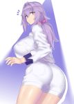  1girl ass back blush breasts cowboy_shot from_behind highres kanata_(evuoaniramu) large_breasts lavender_hair long_hair looking_at_viewer looking_back low_ponytail mizuumi_(bb) open_mouth original ponytail purple_hair simple_background solo standing thighs violet_eyes 